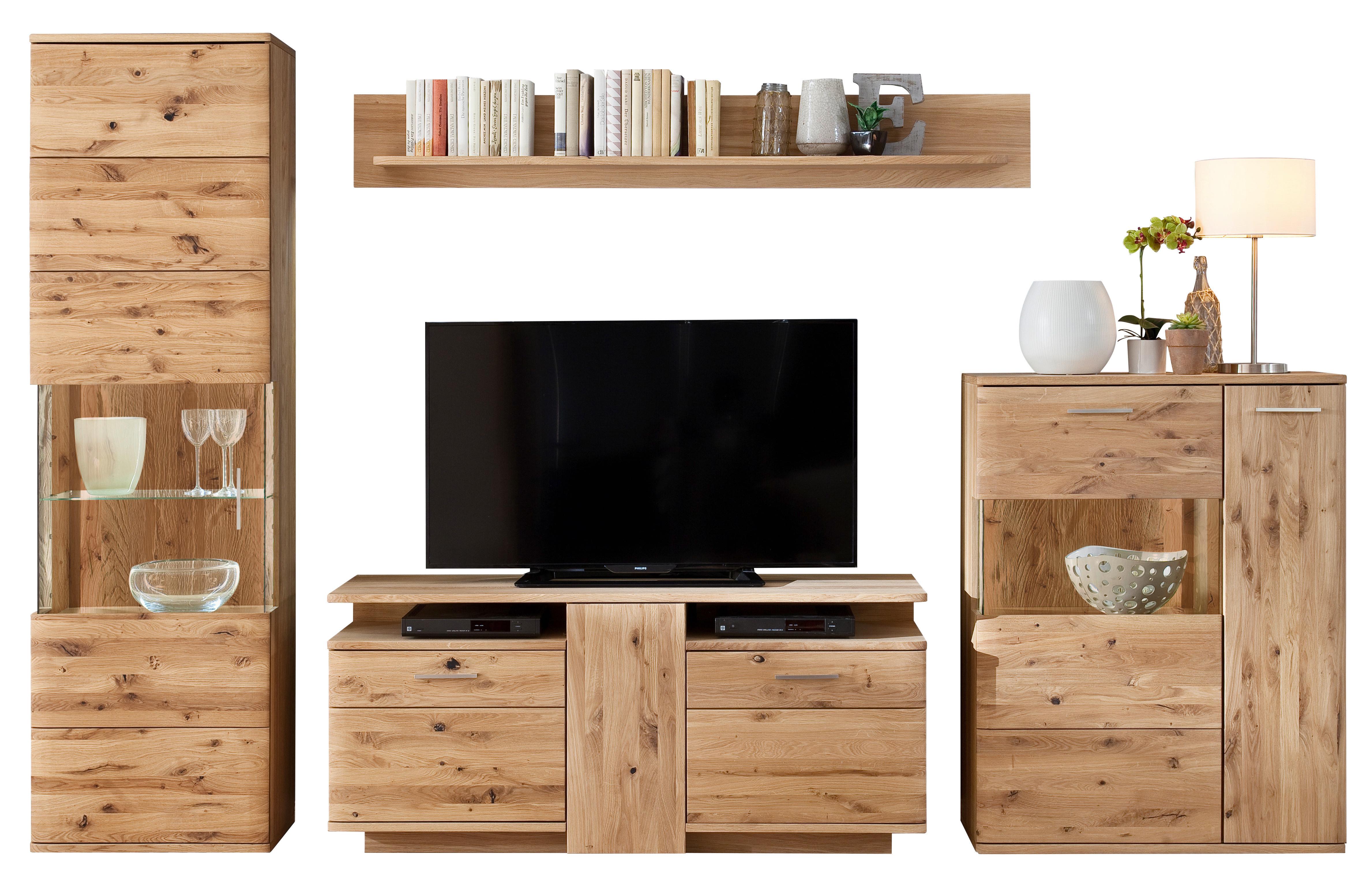 Wohnwand Santori Eiche teilmassiv - Eichefarben/Schwarz, Design, Glas/Holz (320/208/45cm) - Livetastic
