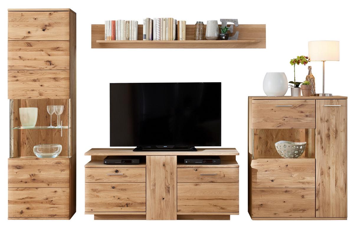 Wohnwand Santori Eiche teilmassiv - Eichefarben/Schwarz, Design, Glas/Holz (320/208/45cm) - Livetastic