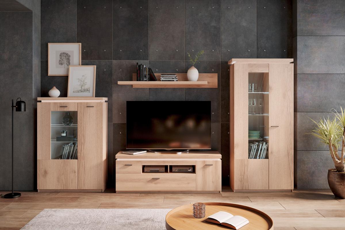 Wohnkombination Modern 4-tlg. Mit Led Vancouver Eiche Dekor - Eichefarben, MODERN, Glas/Holzwerkstoff (342/198/44cm)