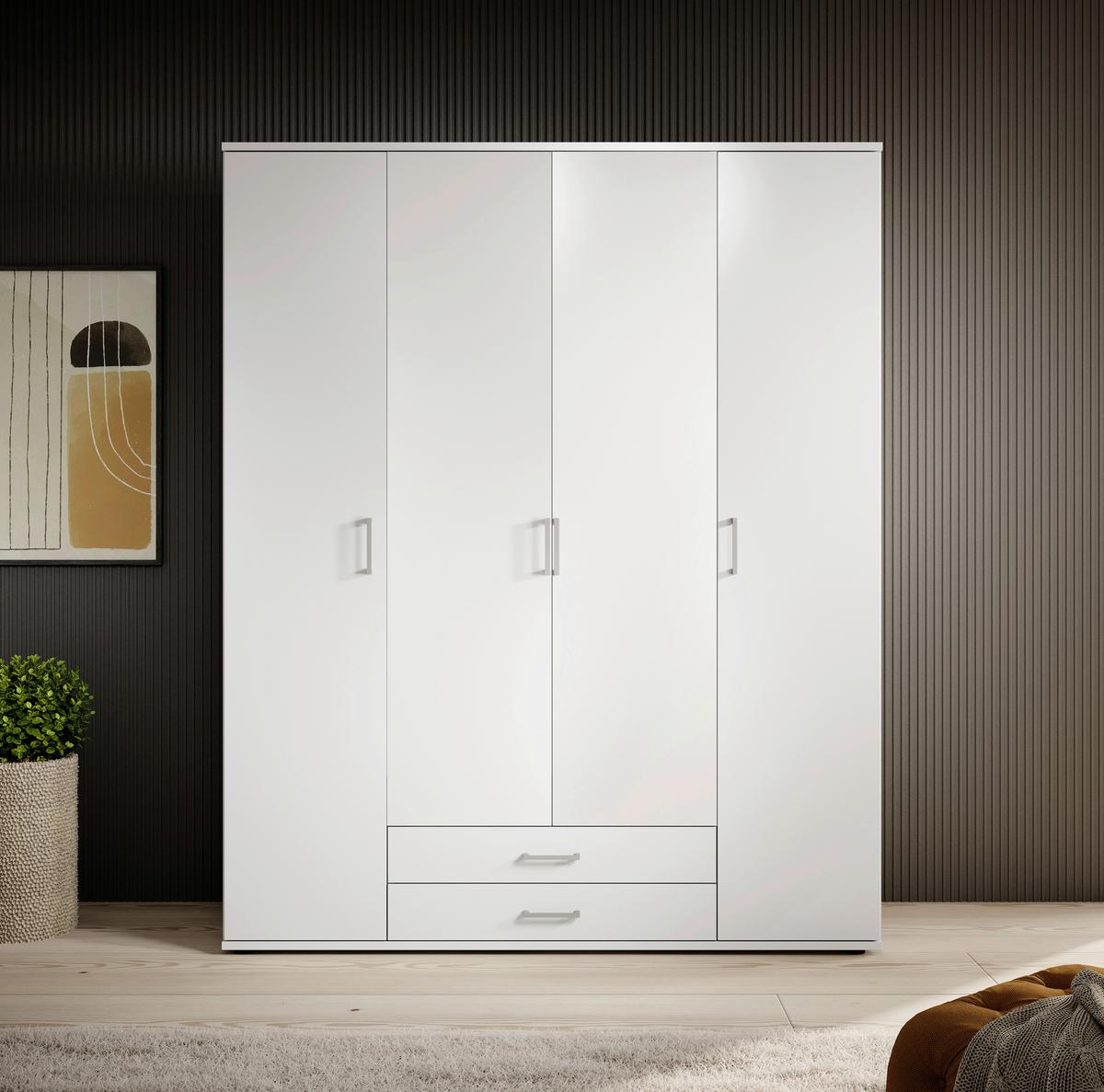 Drehtürenschrank Mit 2 Laden 160 Cm Paul,weiß 4-Türig - Weiß, Basics, Glas/Holzwerkstoff (160/196/54cm)