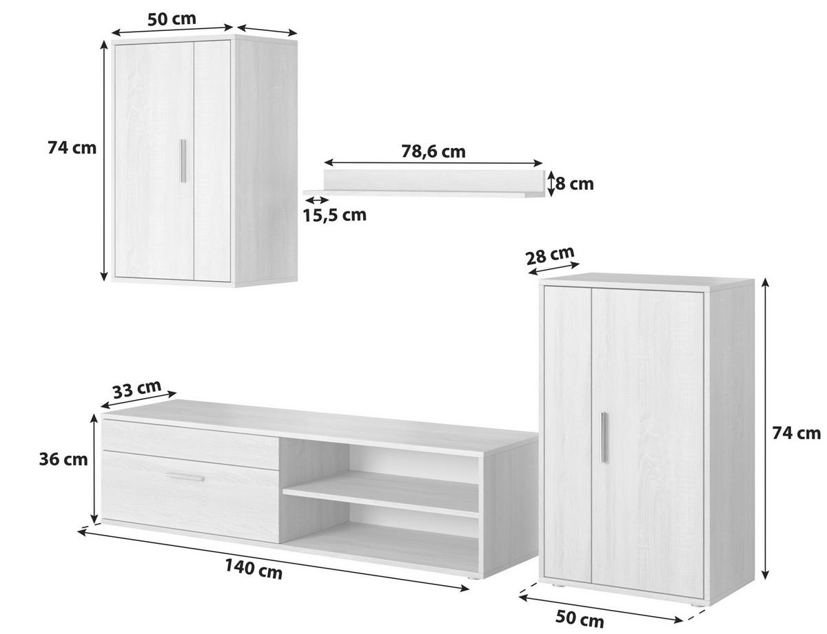 Wohnwand Modern 4 -Teilig. Berno, Weiß/Schwarz - Alufarben/Schwarz, Basics, Holzwerkstoff (190/150/40cm) - P & B