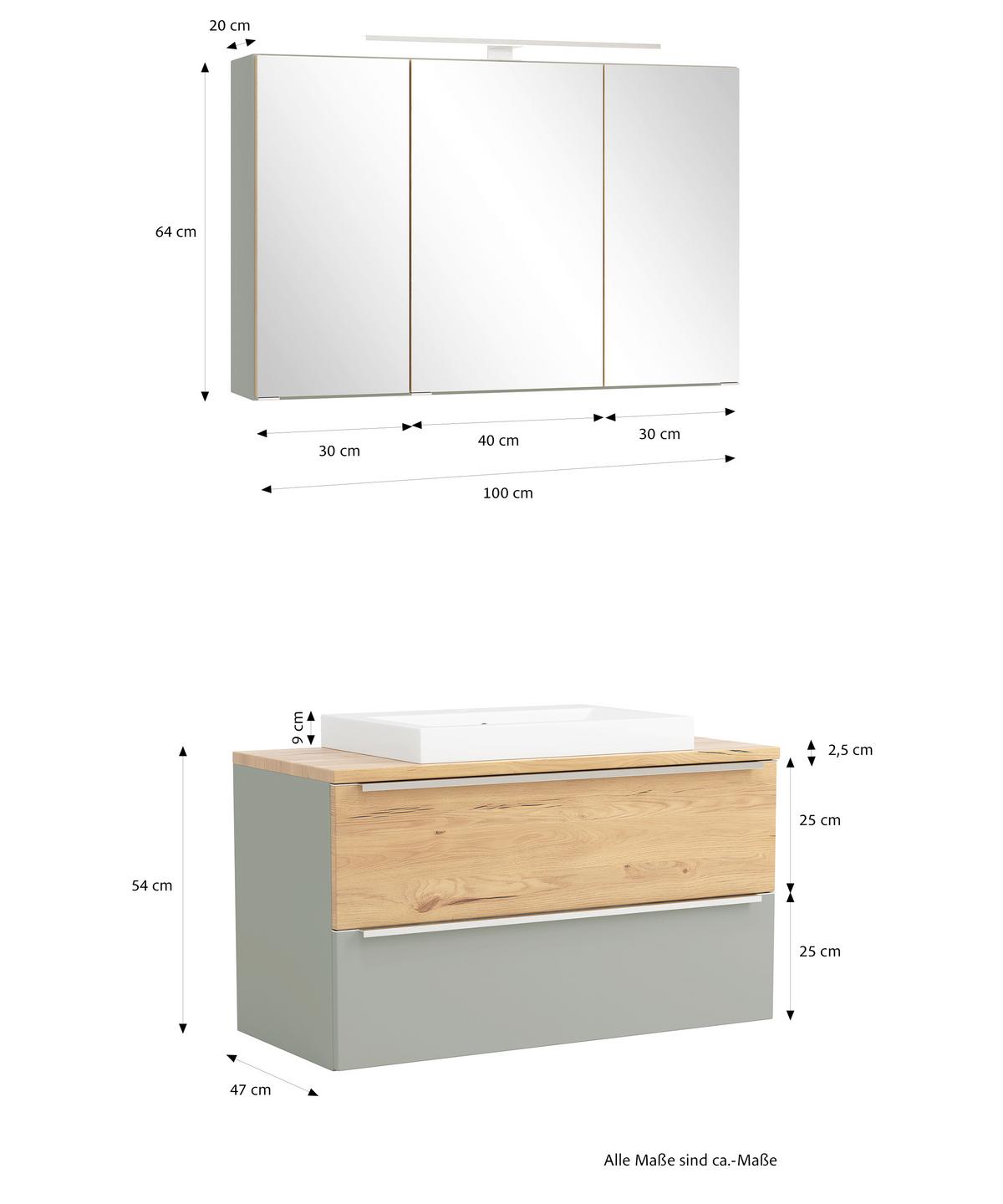 Badezimmer Verona Wildeiche/Schilfgrün 2-teilig - Schilfgrün/Wildeiche, Trend, Glas/Holzwerkstoff (100/200/47cm) - Held