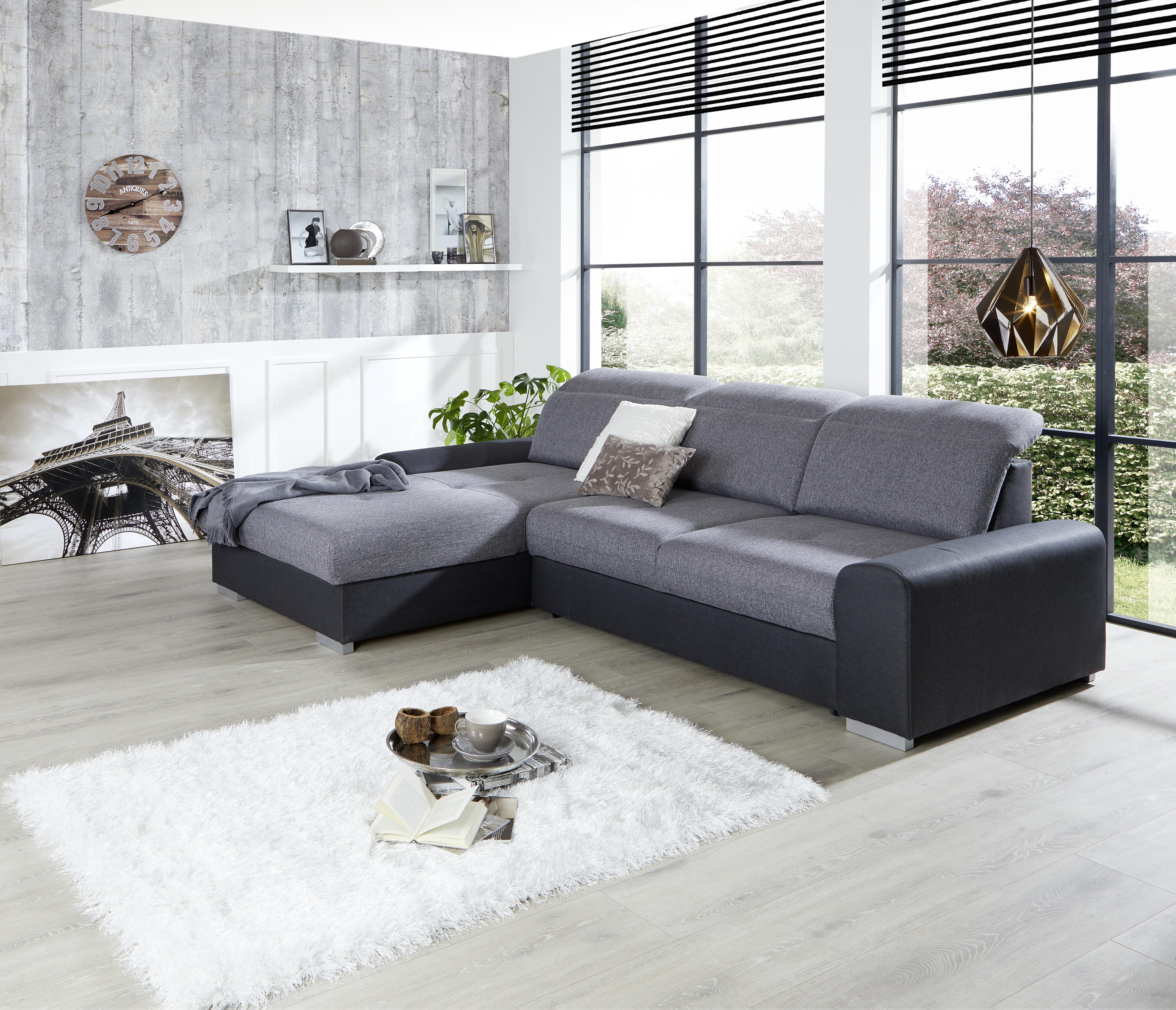 Ecksofa mit Schlaffunktion + Bettkasten Malaga, Webstoff - Silberfarben/Graphitfarben, KONVENTIONELL, Textil (203/286cm) - Ondega