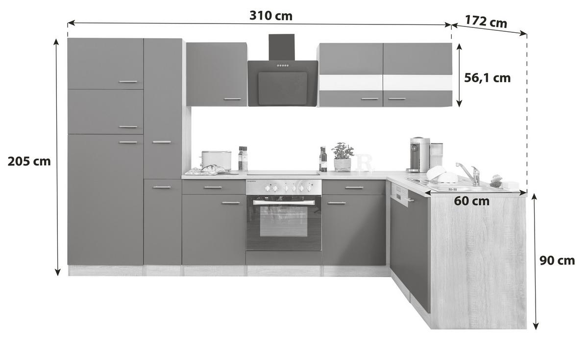 Eckküche ohne Geräte 310x172 cm Grau/Eiche Dekor - Eichefarben/Grau, Basics, Holzwerkstoff (310/172cm) - Respekta