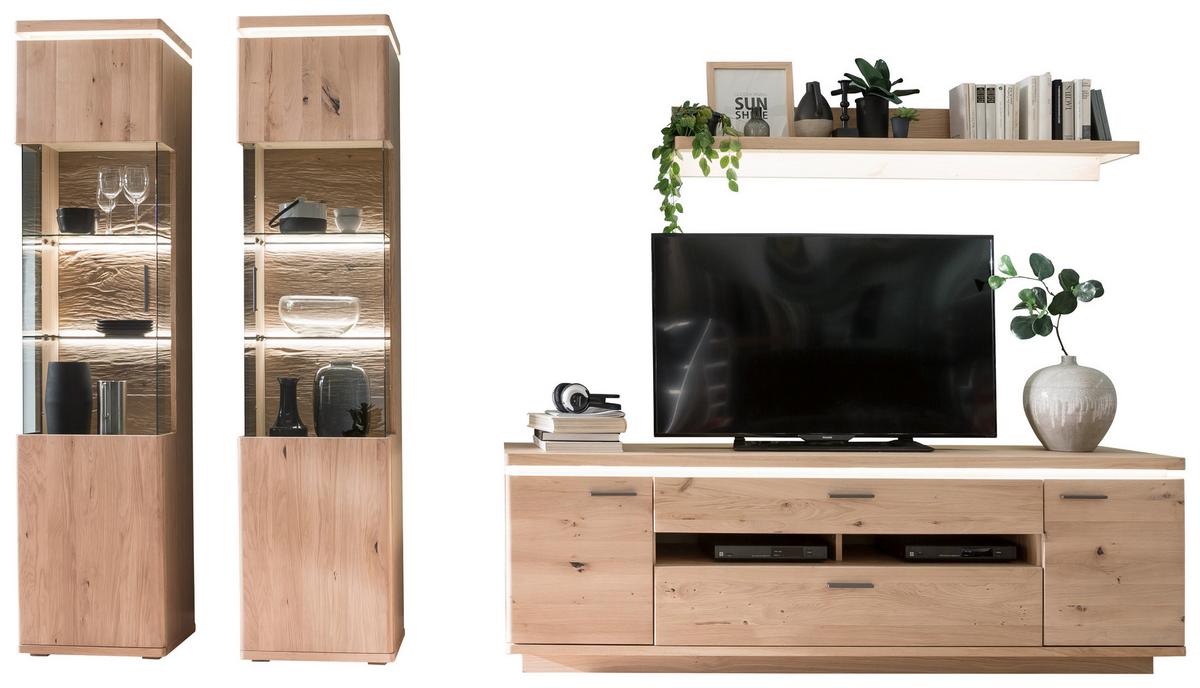 Wohnkombination Teilmassiv 4--Teilig. Barcelona Eichefarben - Eichefarben, Design, Glas/Holz (340/204/50cm) - Livetastic