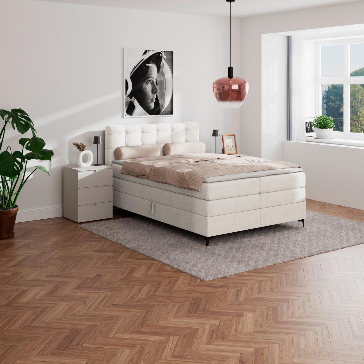 Boxspringbett MITTO Creme 140x200 cm - Creme/Schwarz, KONVENTIONELL, Textil/Metall (140/200cm)