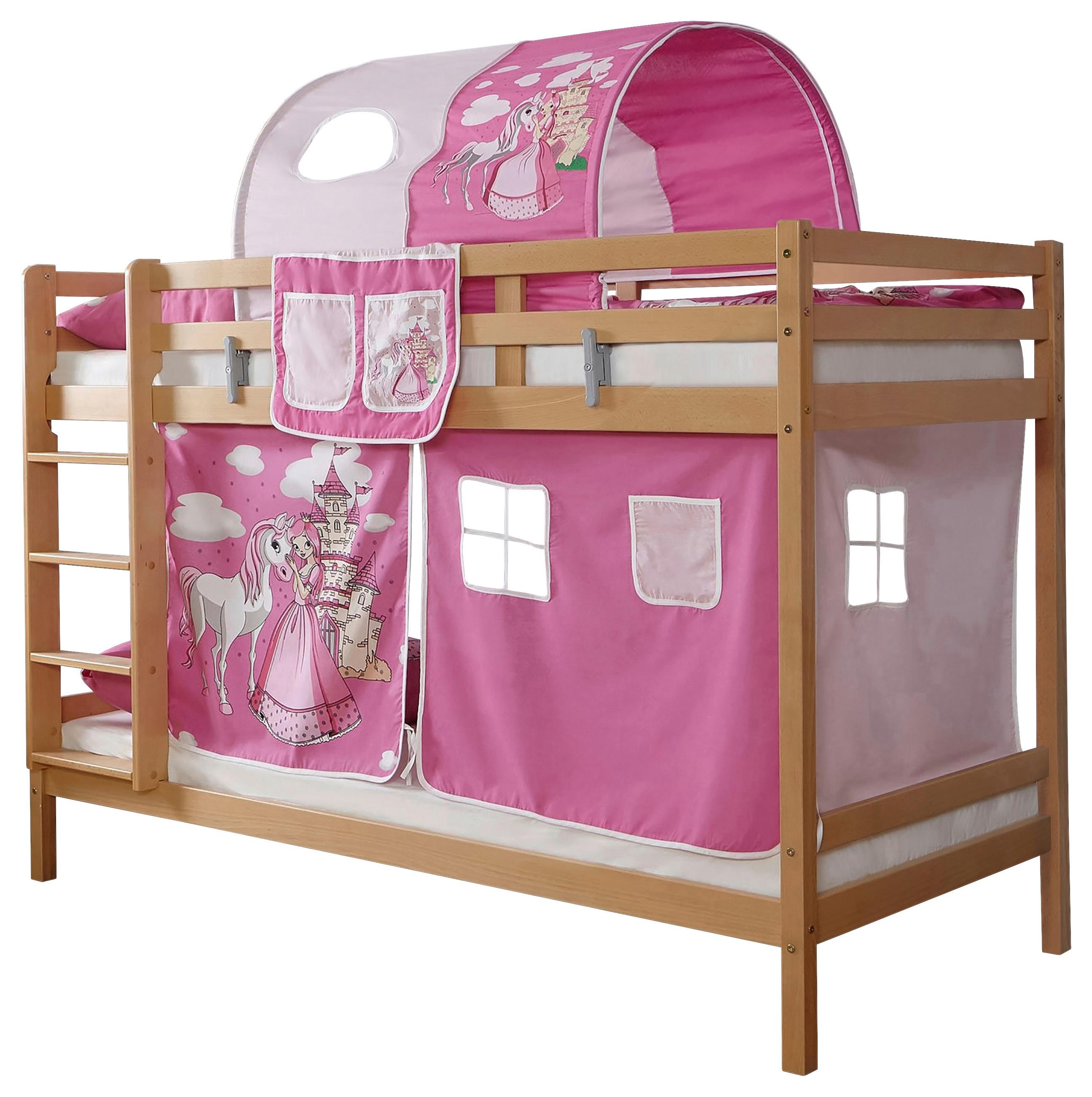 Etagenbett Rene Buche Massiv mit Leiter + Spielzubehör - Pink/Weiß, MODERN, Holz/Textil (90/200cm) - MID.YOU