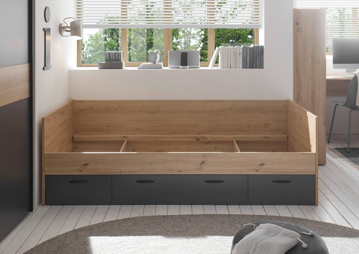 Bett Liam 90 cm Eiche Artisan, Lf: 90x200cm - Graphitfarben/Eiche Artisan, KONVENTIONELL, Holzwerkstoff (204/65/95cm)