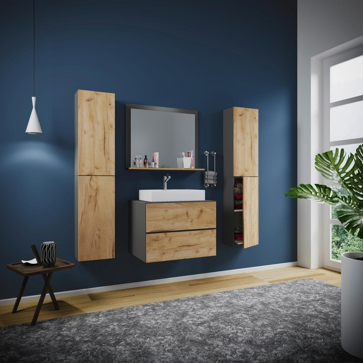 Badmöbel-Set 5-Tlg. Lendas B: 127cm Anthrazit/Eiche Dekor - Honigeiche/Anthrazit, MODERN, Keramik/Holzwerkstoff (127cm) - MID.YOU