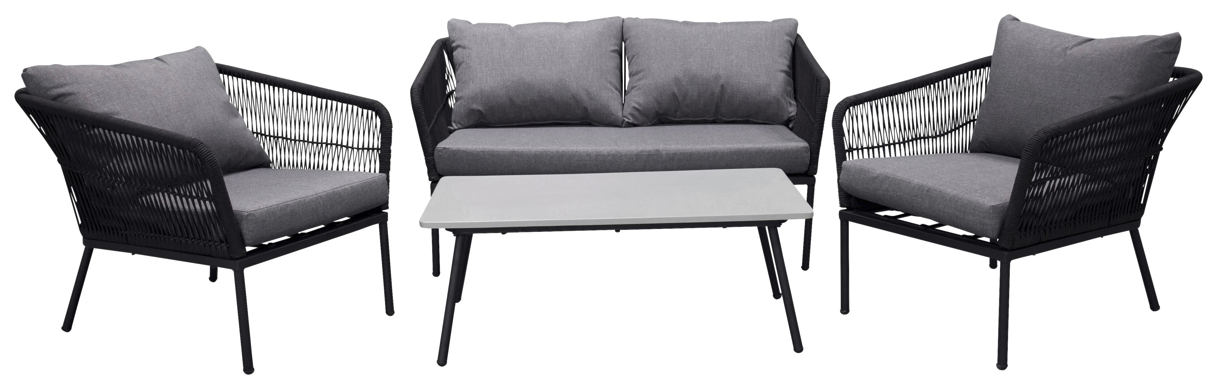 Loungegarnitur 4-Tlg. Lindos aus Aluminium mit Kissen - Schwarz/Grau, KONVENTIONELL, Kunststoff/Textil (134/69/80cm) - Gardenson