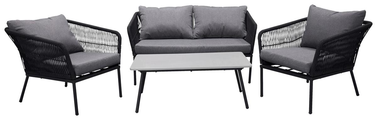 Loungegarnitur 4-Tlg. Lindos aus Aluminium mit Kissen - Schwarz/Grau, KONVENTIONELL, Kunststoff/Textil (134/69/80cm) - Gardenson