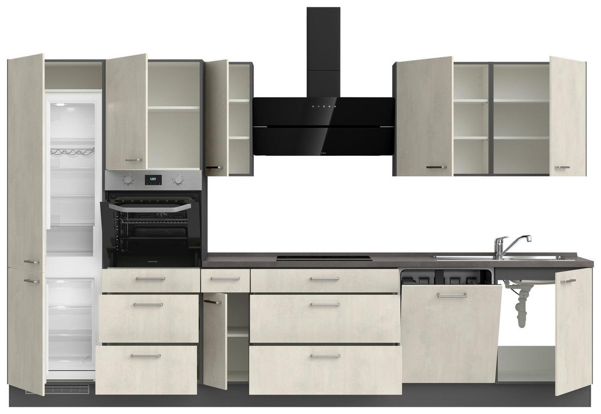 Linka bez spotrebičov a drezu Biela / bridlicový beton - biela/farba ušľachtilej ocele, Modern, kov/kompozitné drevo (360cm) - Nobilia