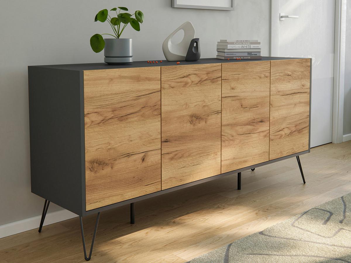 Sideboard Posseik Industrial Graphitfarben/Eiche B: 155 cm - Eichefarben/Schwarz, Design, Holzwerkstoff (155/75,8/42cm) - P & B