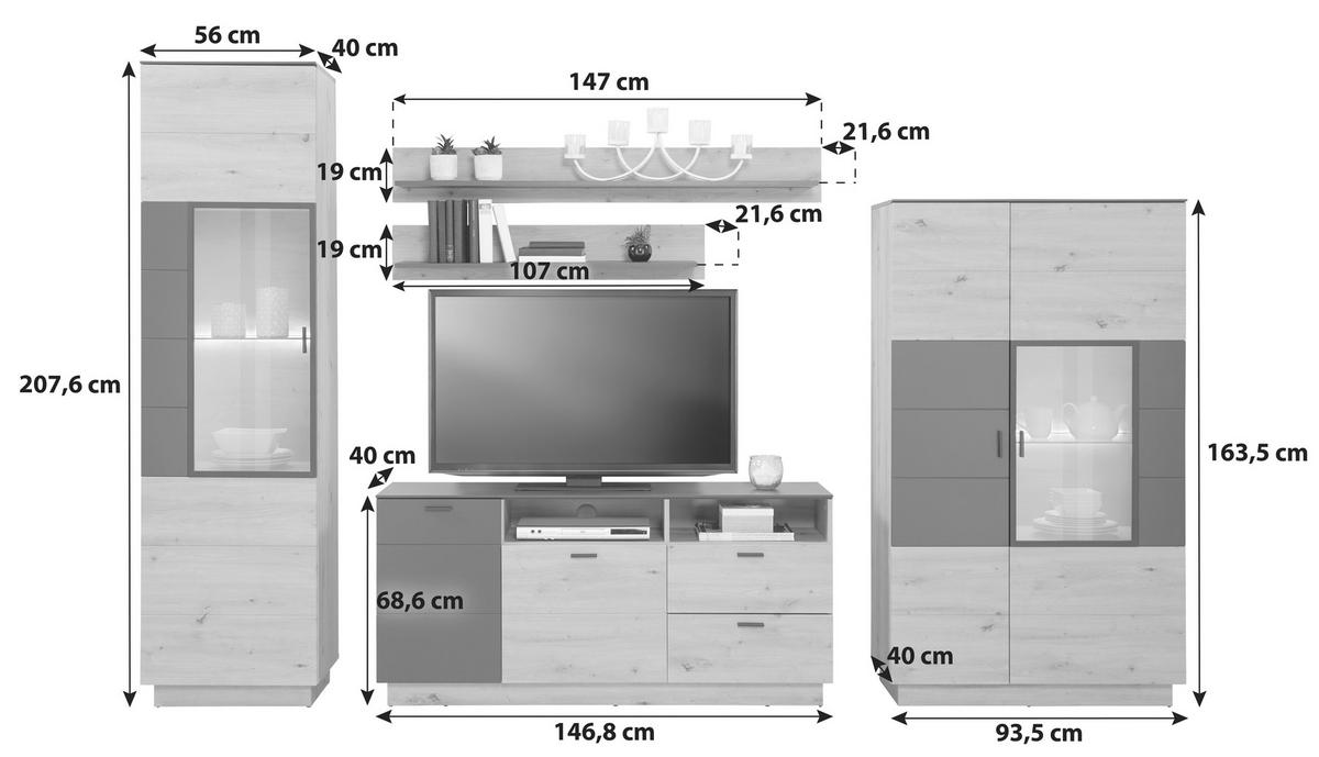 Wohnkombination Modern 5 Tlg. Tonale 6, Eiche Dekor/grau - MODERN (296,3/207,6/40cm)