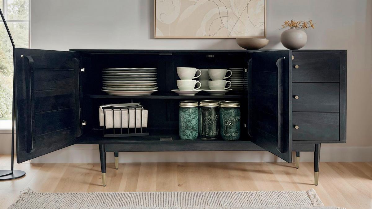 Sideboard Schwarz B: 160 cm - Goldfarben/Schwarz, Natur, Holz (160/81/42cm) - Livetastic
