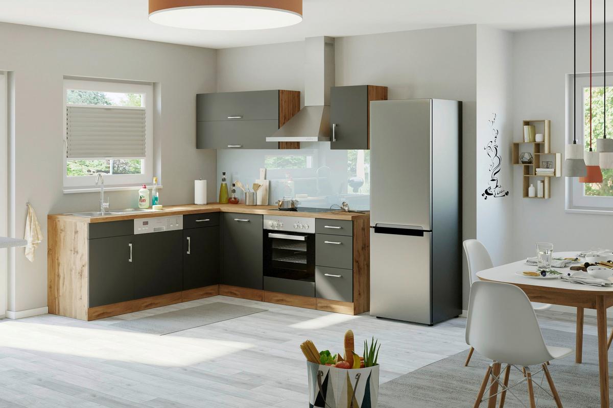 Eckküche Winkelblock Mit Geräten 210x150 cm Anthrazit - Anthrazit/Eiche Wotan, MODERN, Holzwerkstoff (210/210cm) - Held