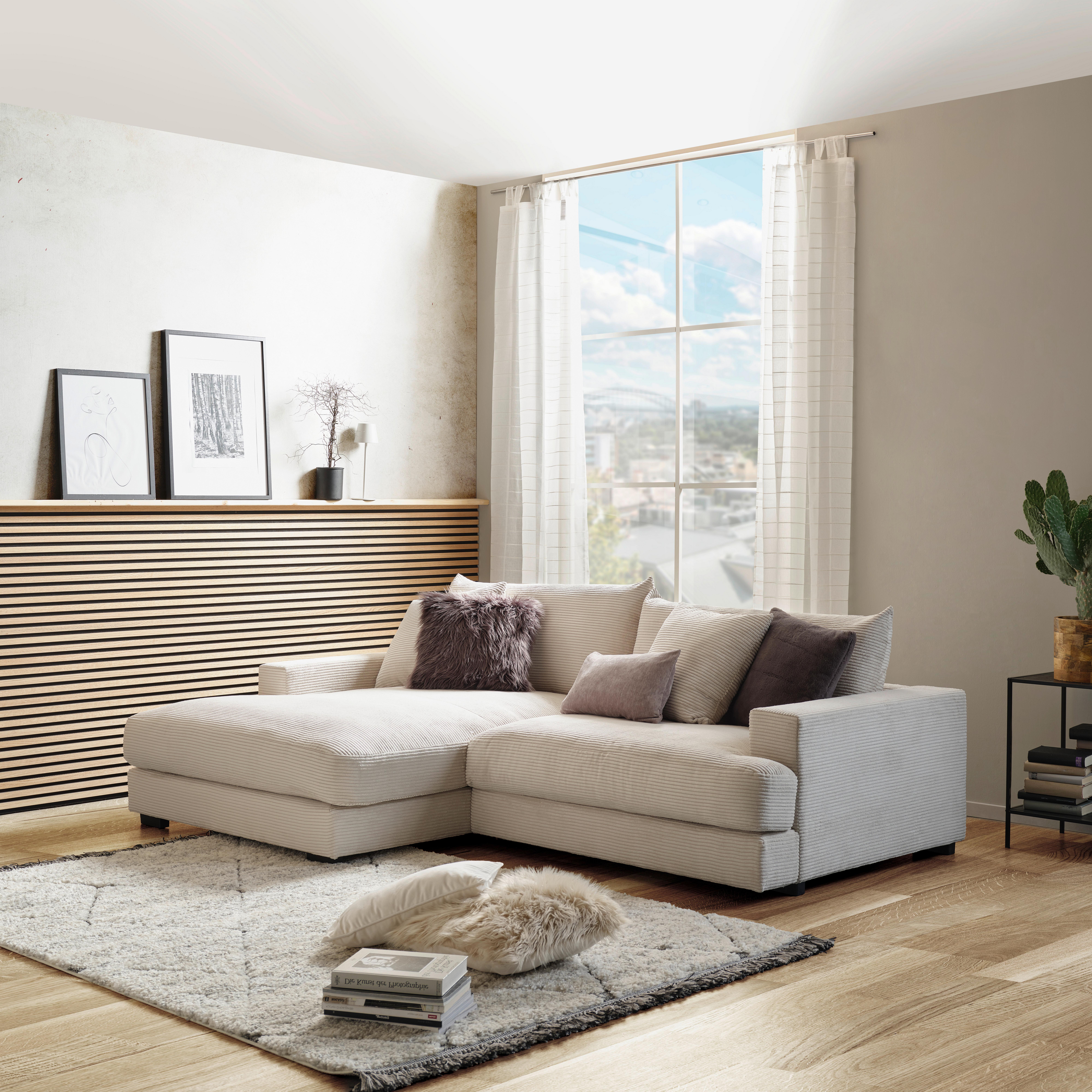 Ecksofa Pelle mit Kissen Beige Cord 180x265 cm - Beige/Schwarz, MODERN, Textil (180/265cm)