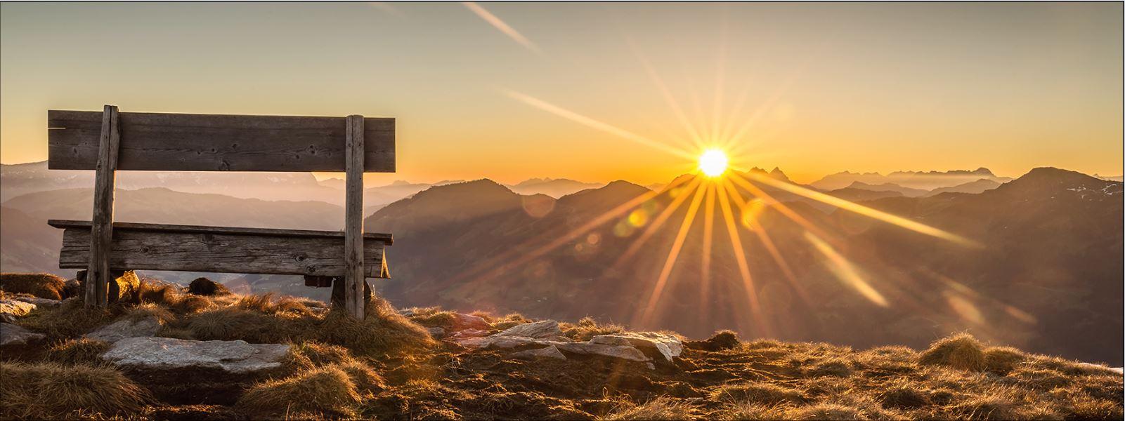 Leinwandbild Bench And Horizon Sonnenuntergang 77x27 cm
