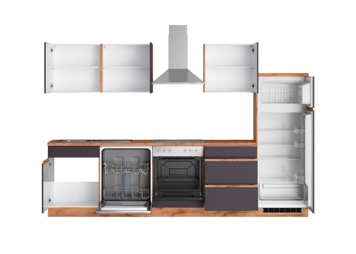 Küchenzeile Turin mit Geräten B: 300cm Grau/Wotaneiche Dekor - Eiche Wotan/Grau, Design, Holzwerkstoff (300cm) - Held