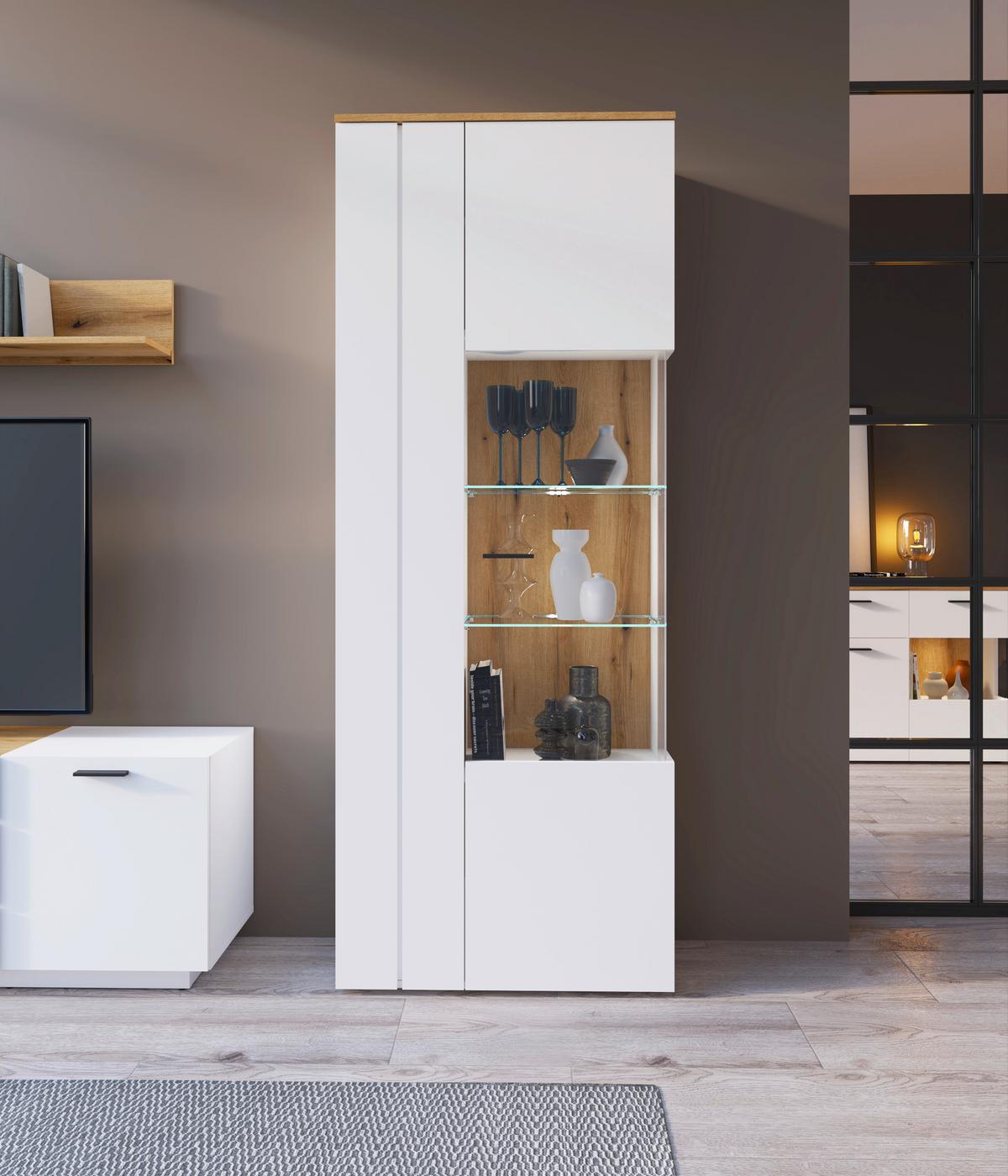 Vitrine Dalano Weiß/eichefarben B: 77,7 Cm - Eichefarben/Schwarz, Trend, Glas/Holzwerkstoff (77,7/201,8/37,2cm) - MID.YOU