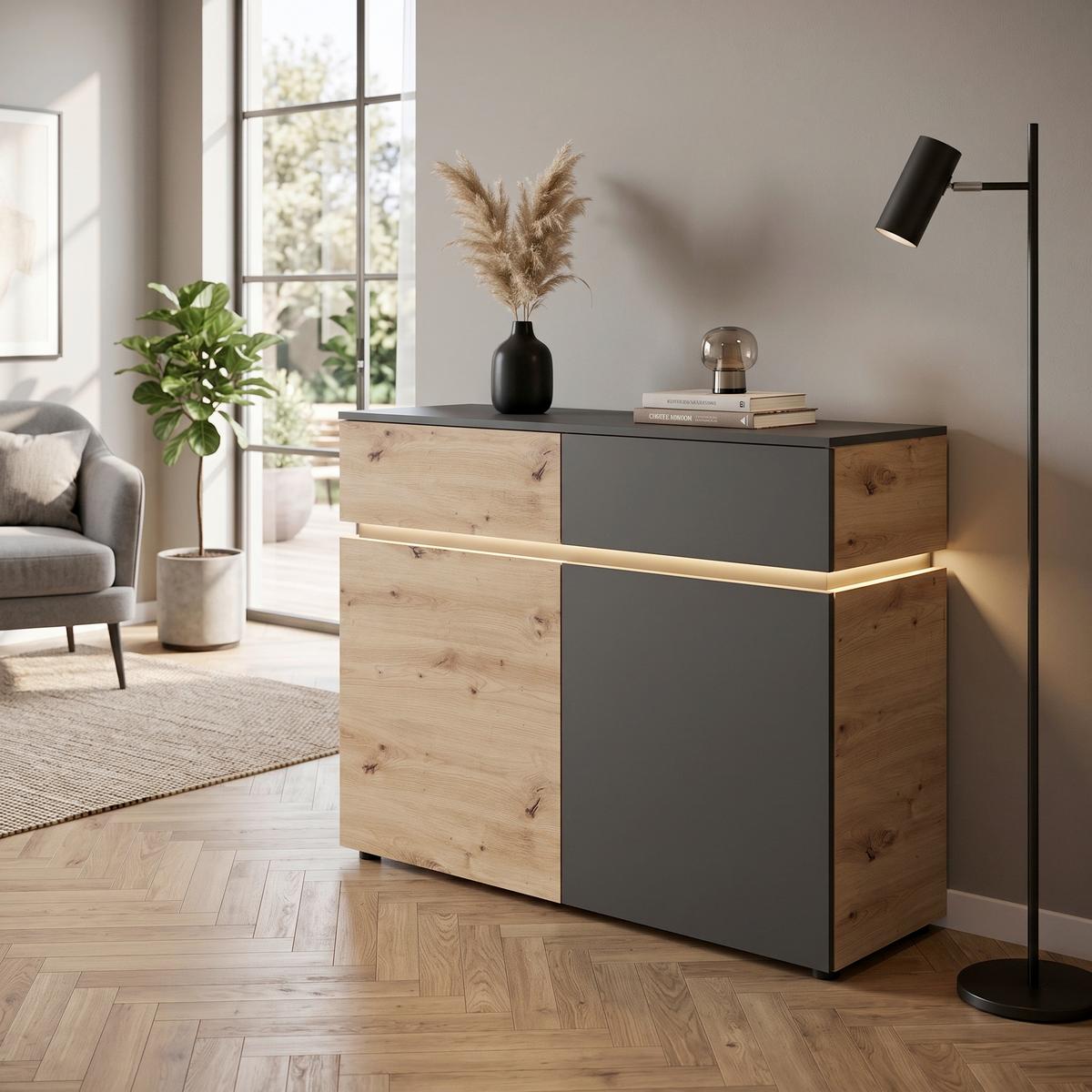 Sideboard Luci Grau Eiche Artisan/Grau B: 120,4 cm - Anthrazit/Schwarz, Trend, Holzwerkstoff (120,4/90,1/40cm) - MID.YOU