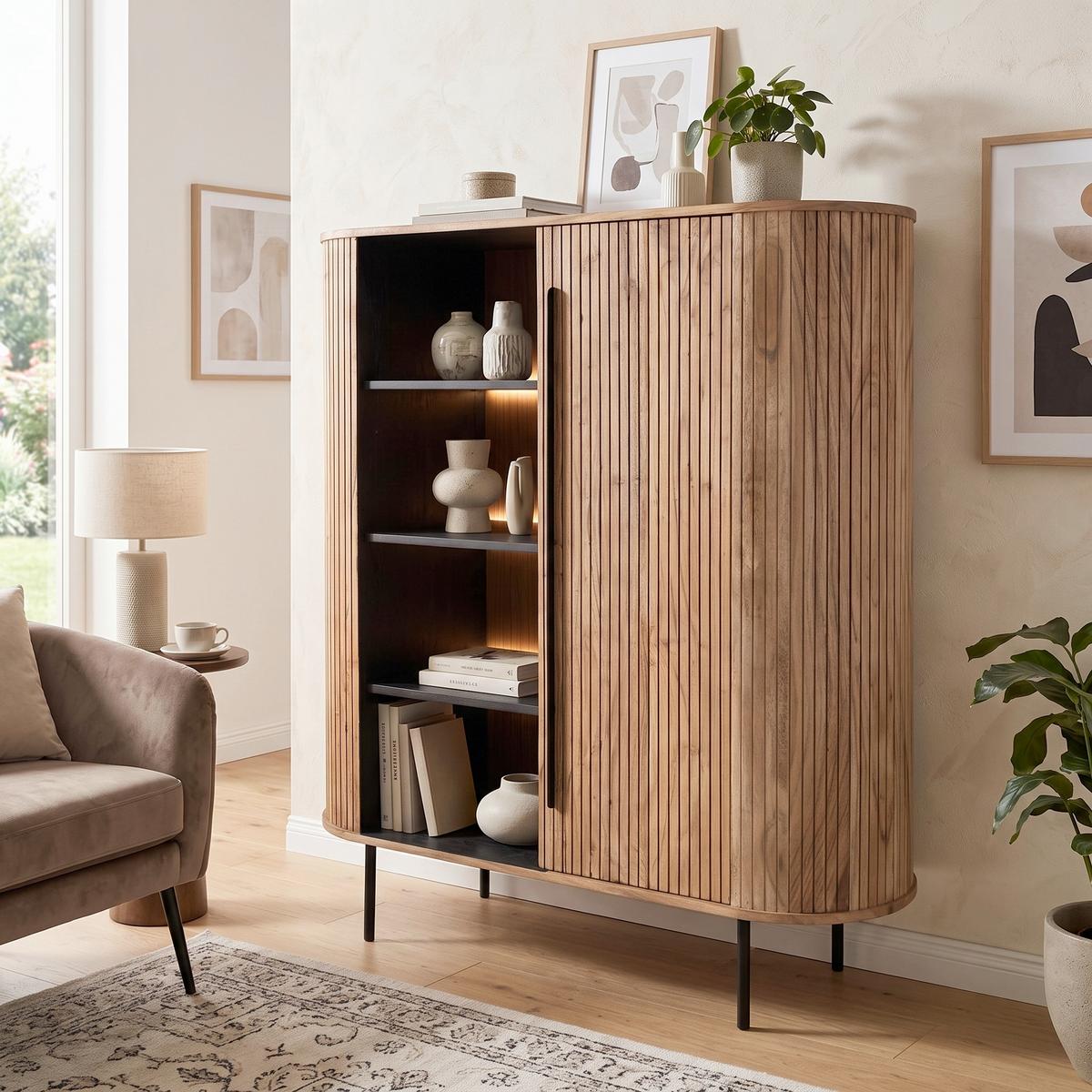 Highboard Kunja Akazie massiv, B: 118 cm - Schwarz/Akaziefarben, Trend, Holz/Metall (118/135/40cm)