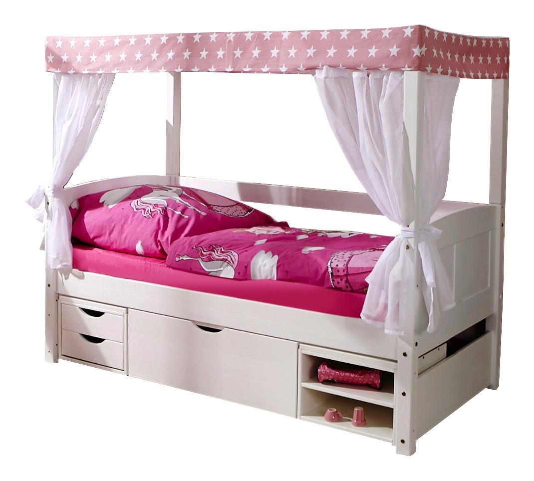 Weißes Himmelbett mit Stauraum für Mädchen