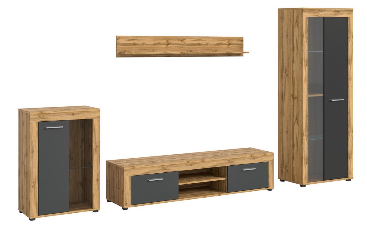 Wohnwand Jam Eiche Wotan Dekor B: 310cm - Eiche Wotan/Schwarz, Design, Glas/Holzwerkstoff (310/169/35cm) - MID.YOU