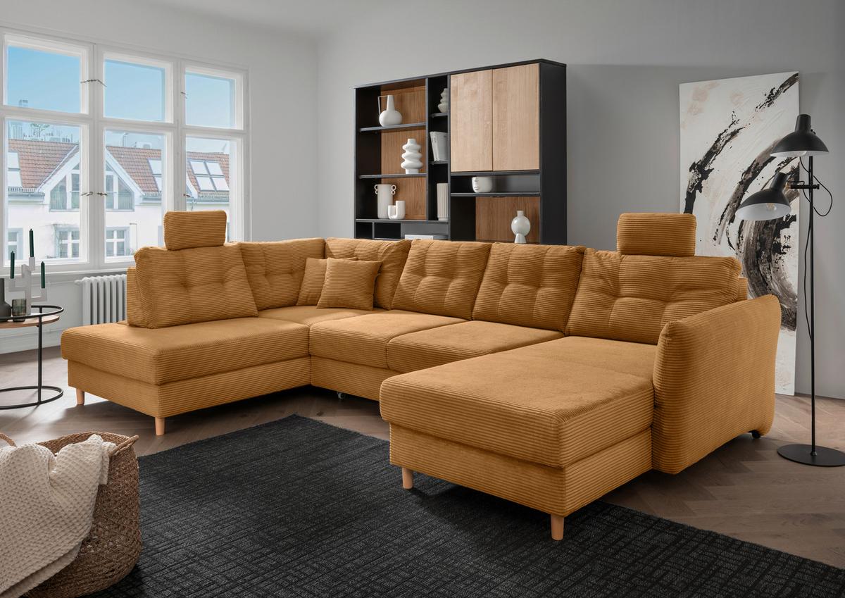 Wohnlandschaft Brizzini mit Schlaffunktion, Goldfarben - Goldfarben/Naturfarben, MODERN, Textil (206/338-352/176cm) - Livetastic