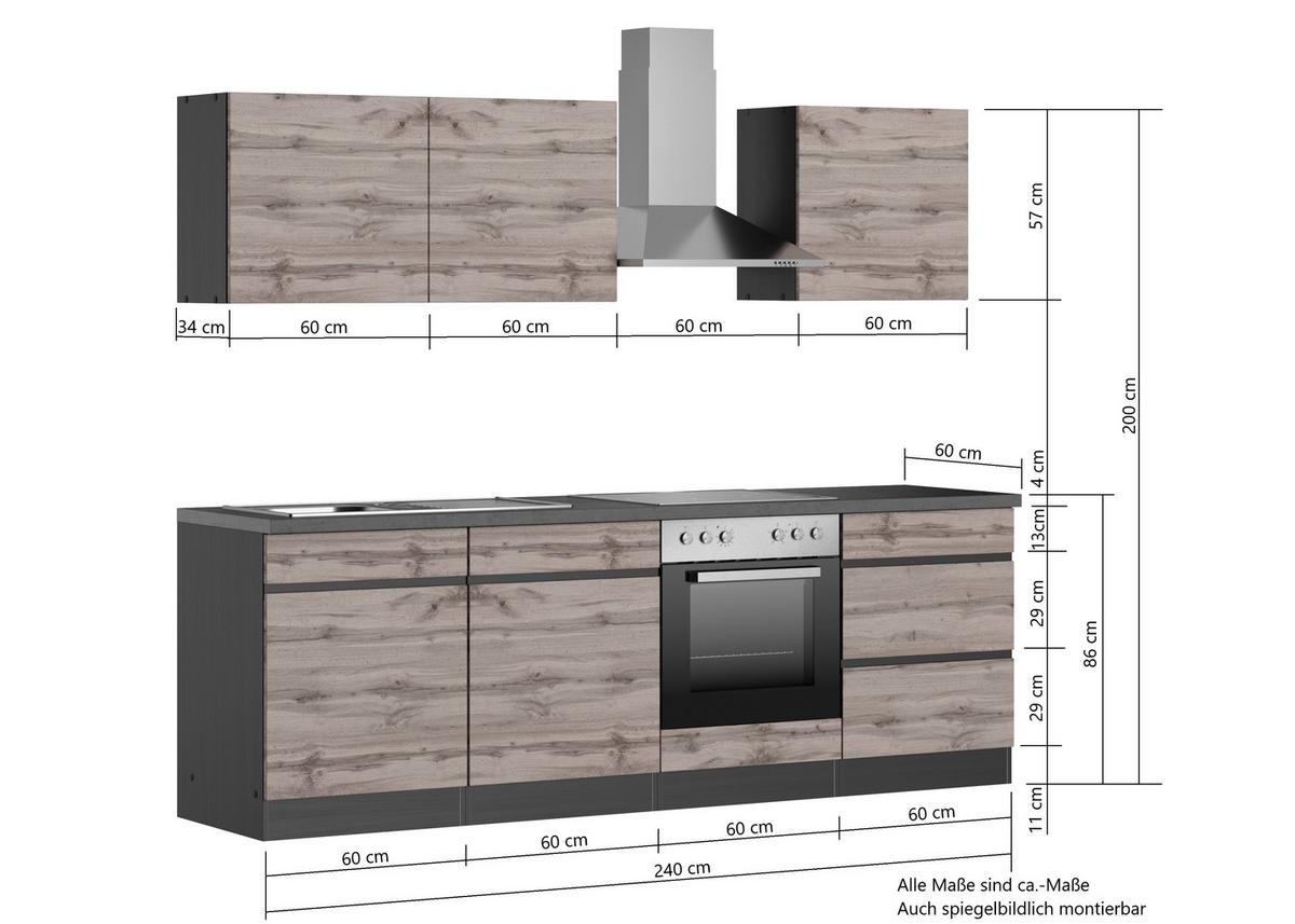 Küchenzeile Turin mit Geräten B: 240 cm Graphitfarben/Eiche - Eiche Wotan/Graphitfarben, Design, Holzwerkstoff (240cm) - Held