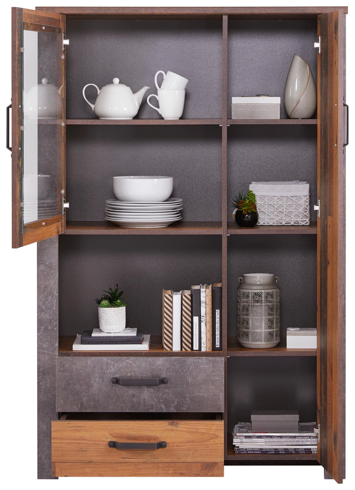 Highboard mit Glaselement B: 105 cm Ontario, Old Style - Eichefarben/Dunkelgrau, Trend, Glas/Holzwerkstoff (105/159/41,5cm) - Ondega