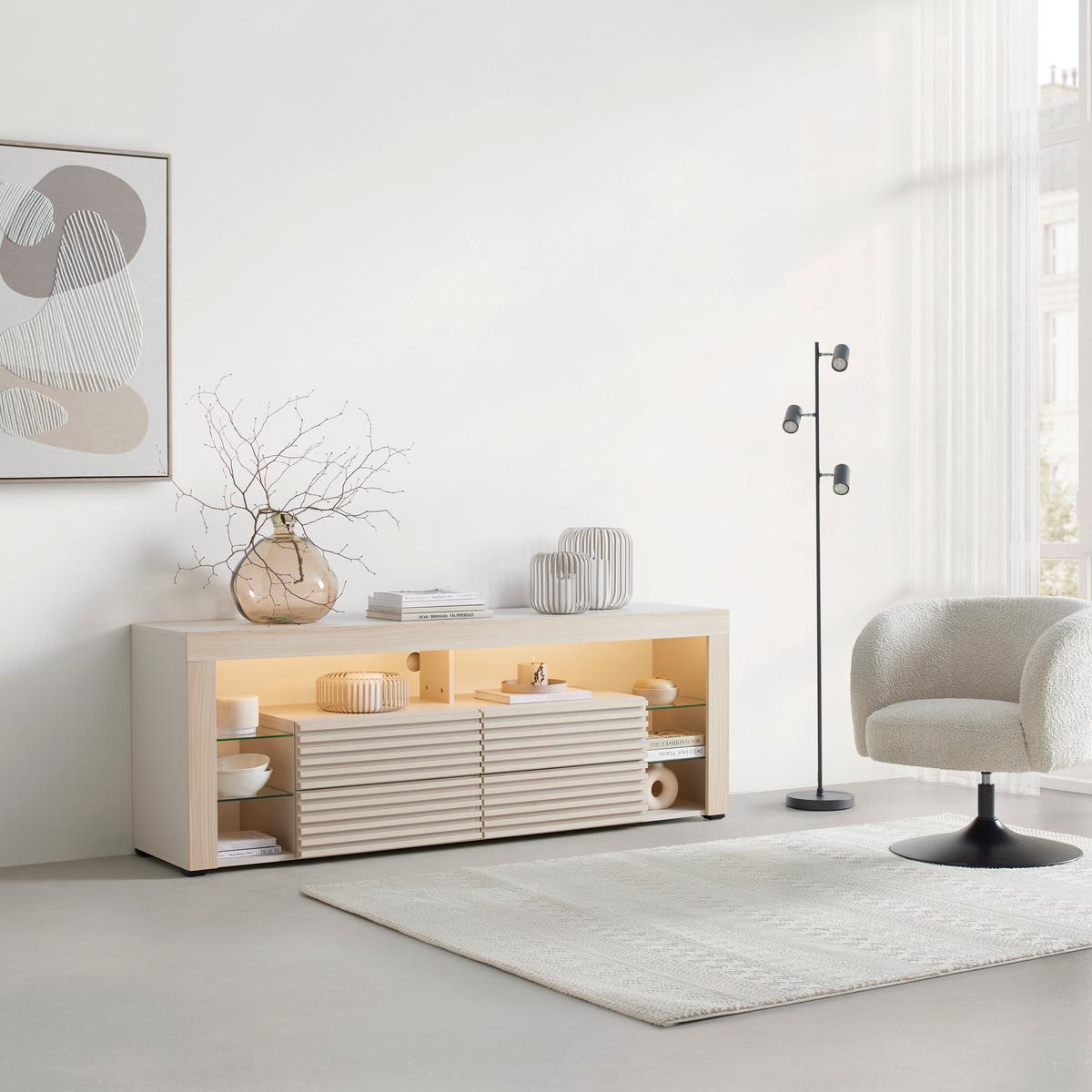 TV komoda GOAL dub Riva /Kašmír - barvy dubu/kašmírová, Moderní, kompozitní dřevo/sklo (179/67/44cm) - Based