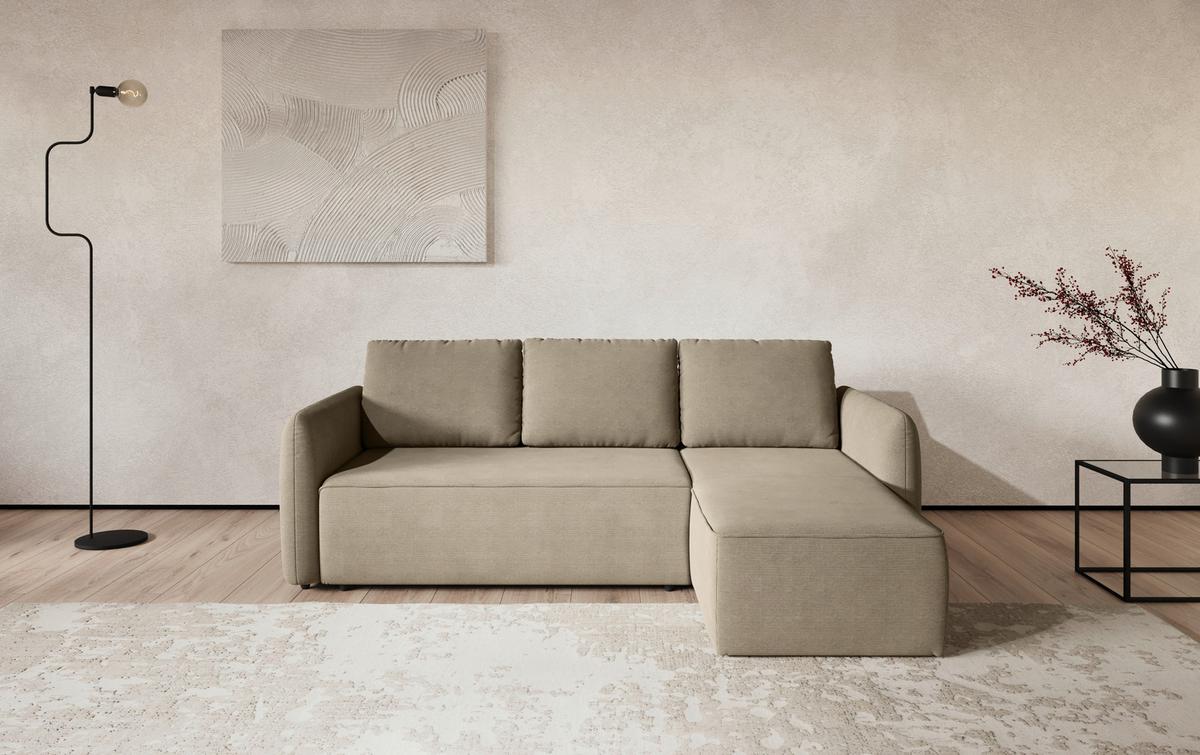 Ecksofa mit Bettfunktion Flow Cord braun, B: 239cm - Hellbraun/Schwarz, Trend, Textil (239/170cm) - MID.YOU