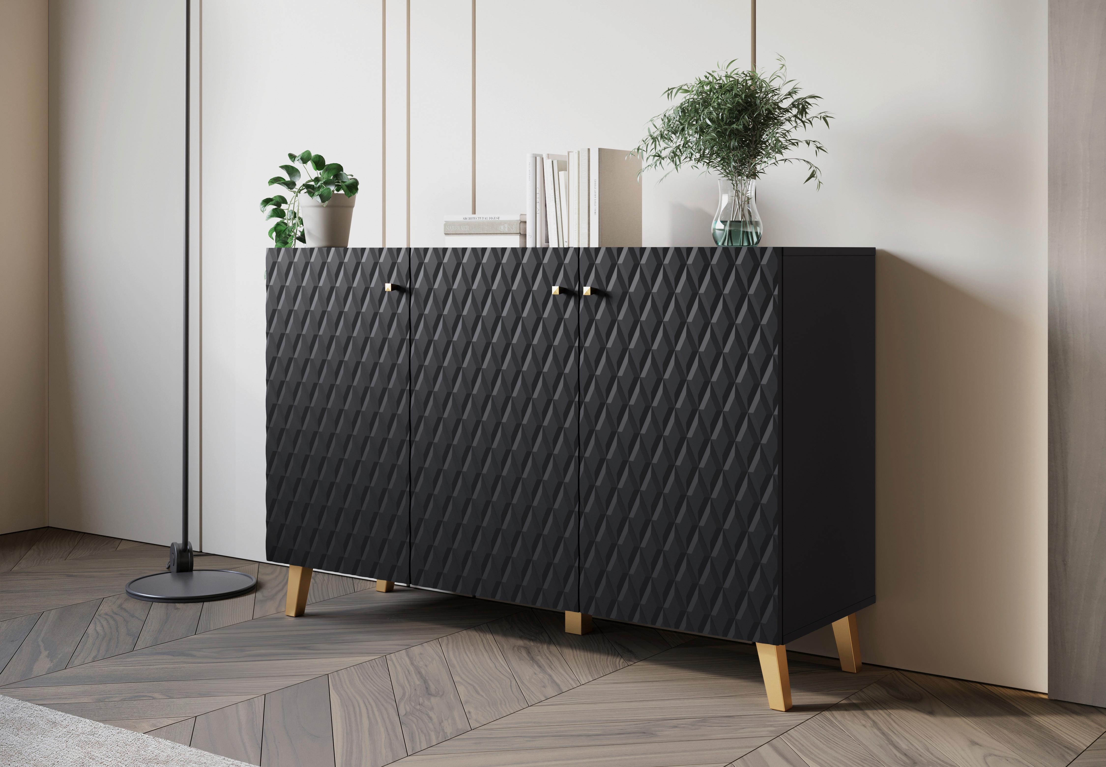 Sideboard Phuket Schwarz B: 120 Cm - Goldfarben/Schwarz, Trend, Holzwerkstoff (120/76/39cm) - Livetastic
