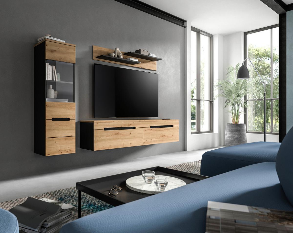 Wohnwand Canu Eiche Artisan Dekor B: 221cm - Schwarz/Eiche Artisan, Design, Holzwerkstoff (221/141/33cm) - Livetastic