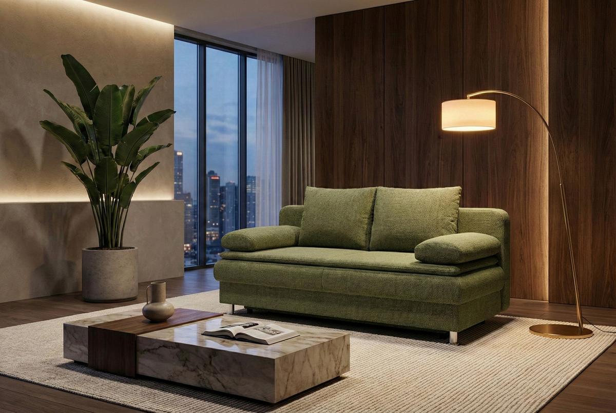 2-Sitzer-Sofa Mit Schlaffunktion Ken Olivgrün - Chromfarben/Schwarz, Design, Holzwerkstoff/Textil (200/92/90cm) - P & B