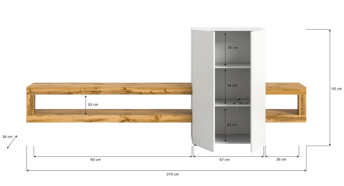 Wohnwand Samba Eiche Dekor/weiß B: 270 Cm - Eiche Wotan/Schwarz, Design, Holzwerkstoff (270/112/35cm) - MID.YOU