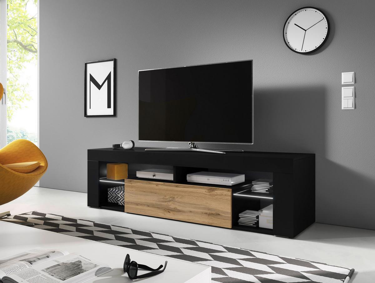 TV-Lowboard Led B: 140 cm Eiche Wotan, Schwarz - Eiche Wotan/Schwarz, Design, Glas/Holzwerkstoff (140/50,5/35cm) - Livetastic