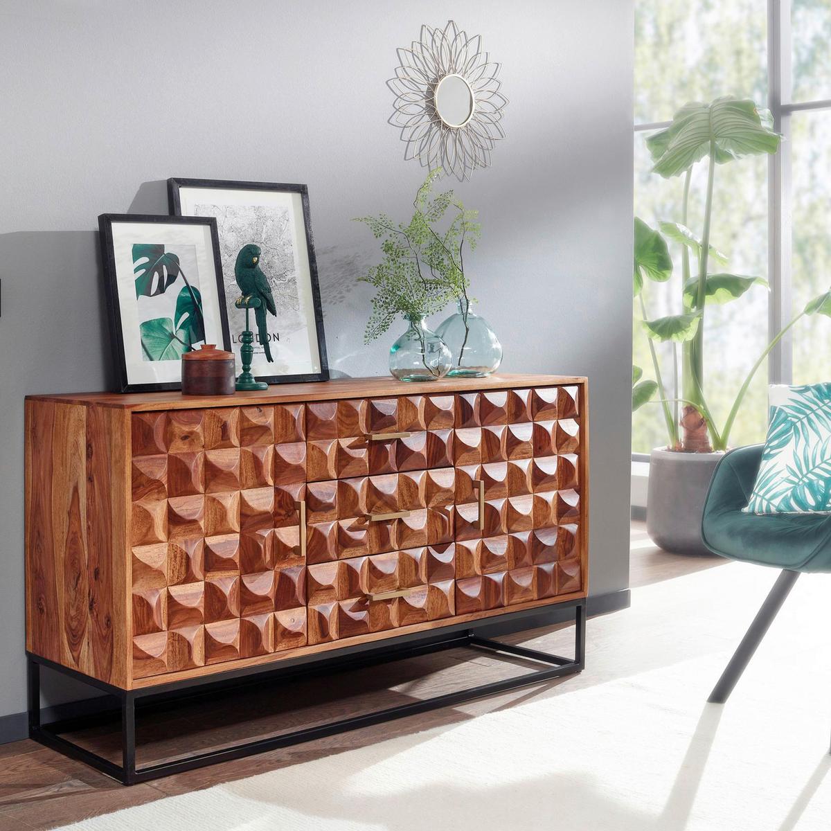 Sideboard Sheesham Sheeshamfarben B: 145 Cm - Sheeshamfarben/Schwarz, Design, Holz (145/81/45cm) - MID.YOU