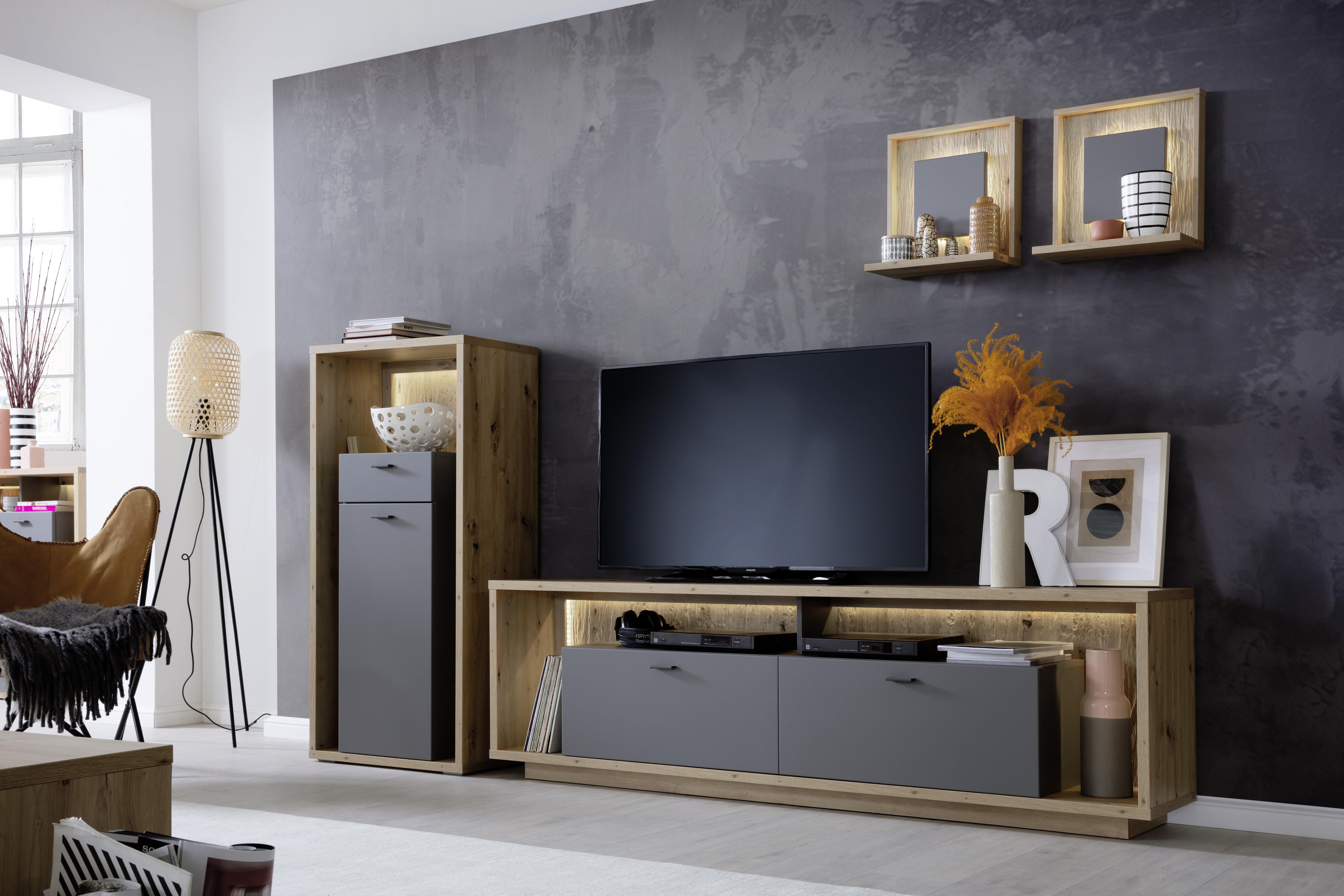 Wohnkombination 4-Tlg. Lizzano Grau/Eichefarben - Eichefarben/Grau, Design, Holzwerkstoff (286/200/40cm) - MID.YOU