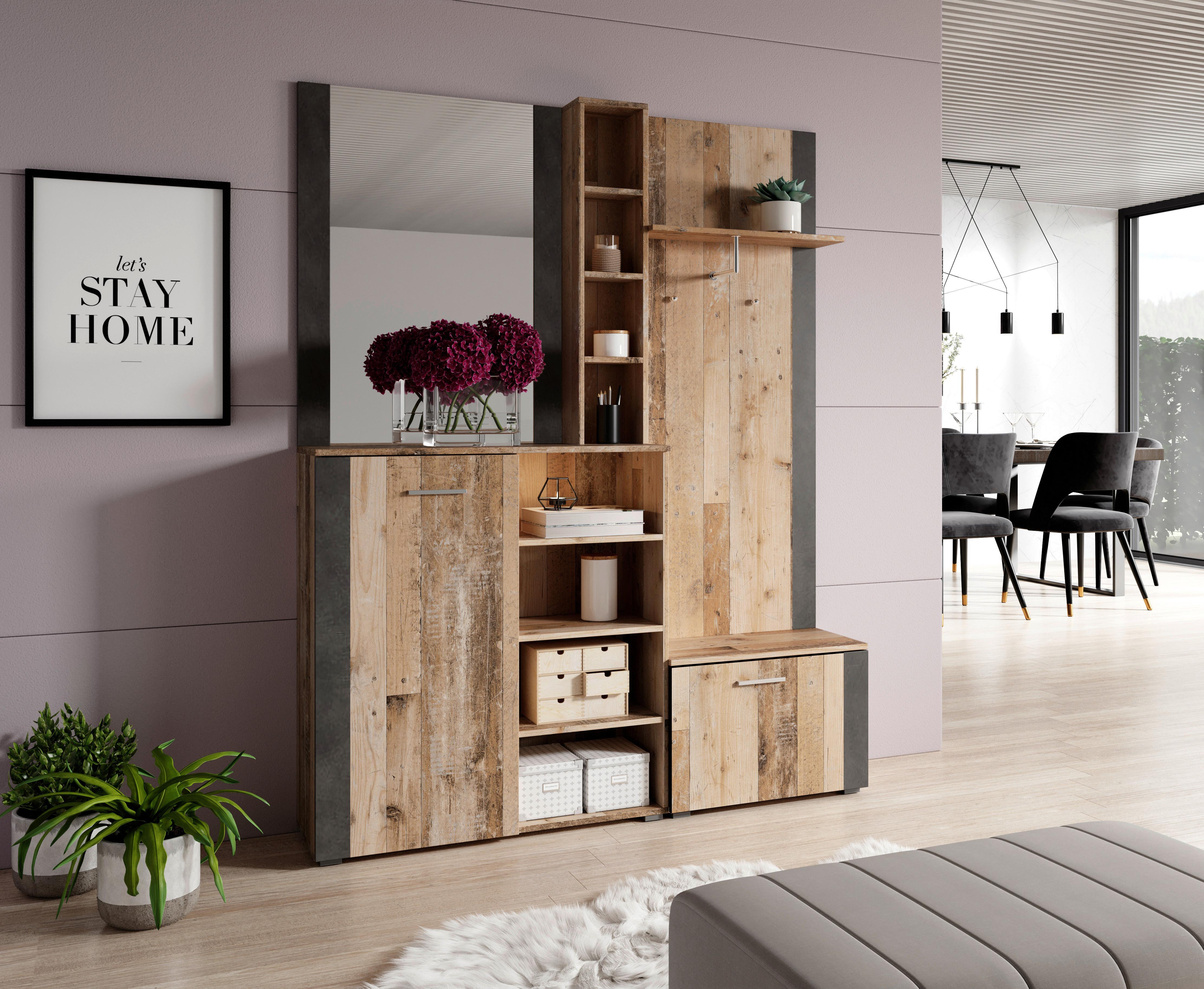 Garderobe Barry Old Wood / Anthrazit B 150 cm Mit Spiegel - Anthrazit/Naturfarben, Basics, Holzwerkstoff (150/190/32cm)