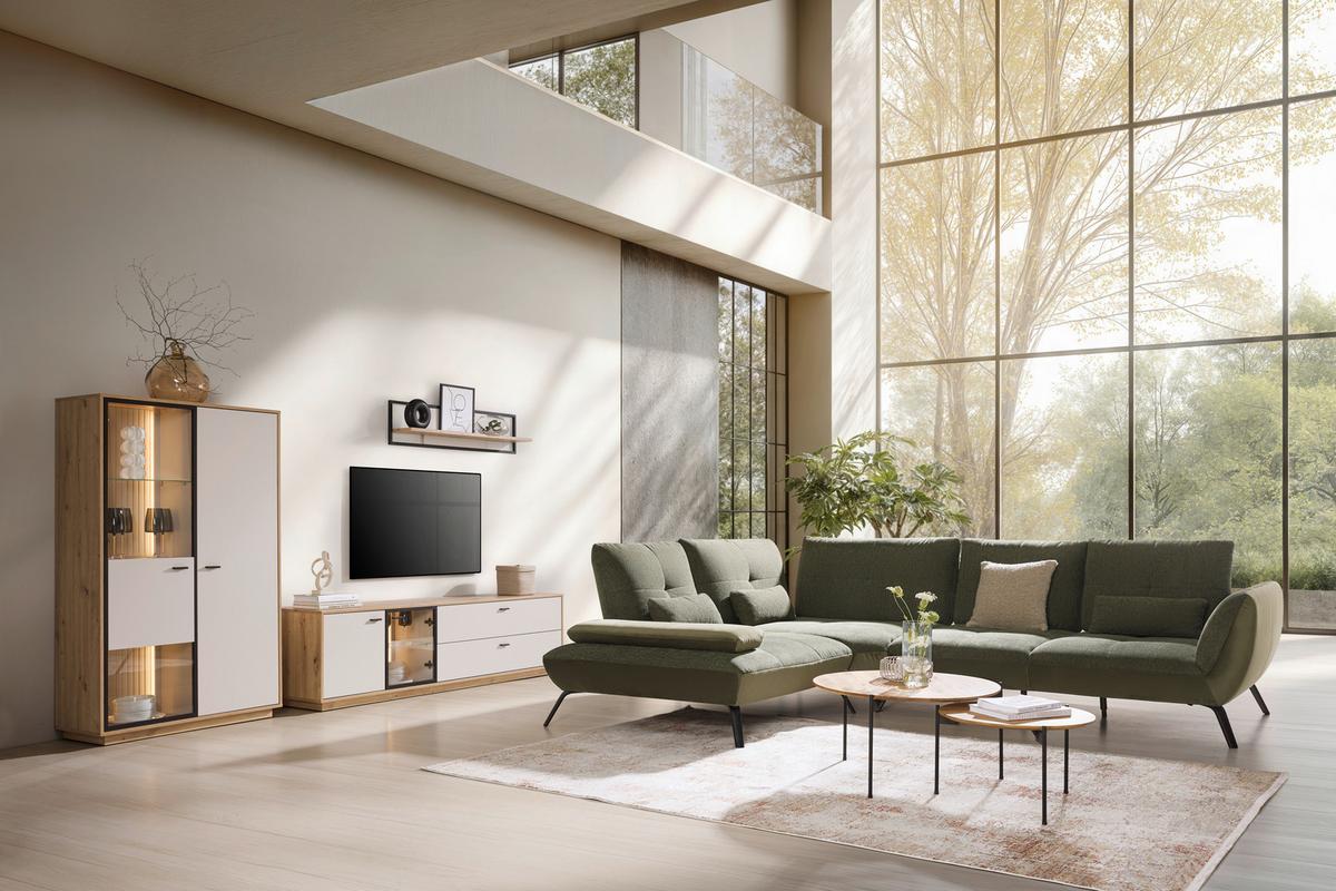 TRENDY, ľavá, olivovozelená s 3 bedrovými vankúšmi - olivovozelená/čierna, Modern, kov/kompozitné drevo (250/93/310cm) - Premium Living