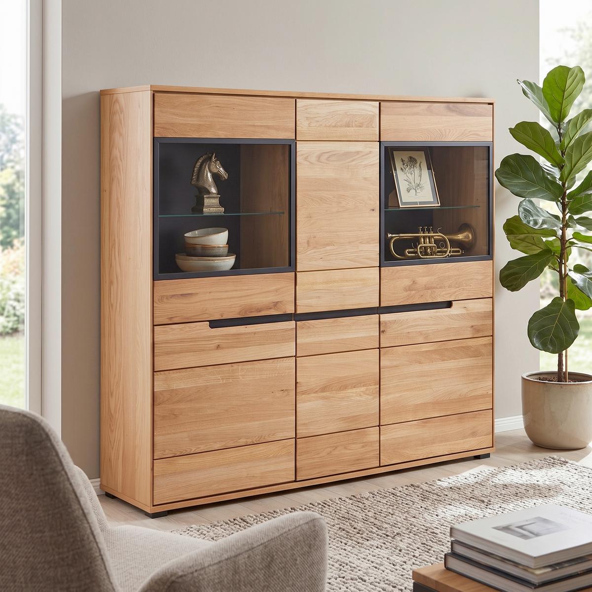 Highboard massiv 162,5cm Lola Giga Wildeiche - Wildeiche/Schwarz, KONVENTIONELL, Glas/Naturmaterialien (162,5/146,5/40,5cm)