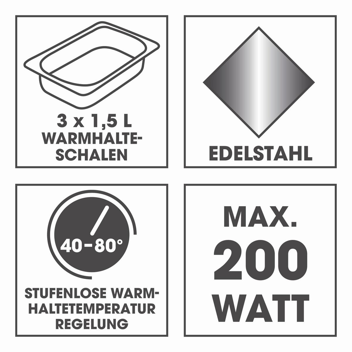 CHAFING-DISH 200W, 220-240V, 3 Behälter - Silberfarben/Schwarz, Basics, Kunststoff/Metall (54,6/14,7/27,8cm) - GOURMETMAXX