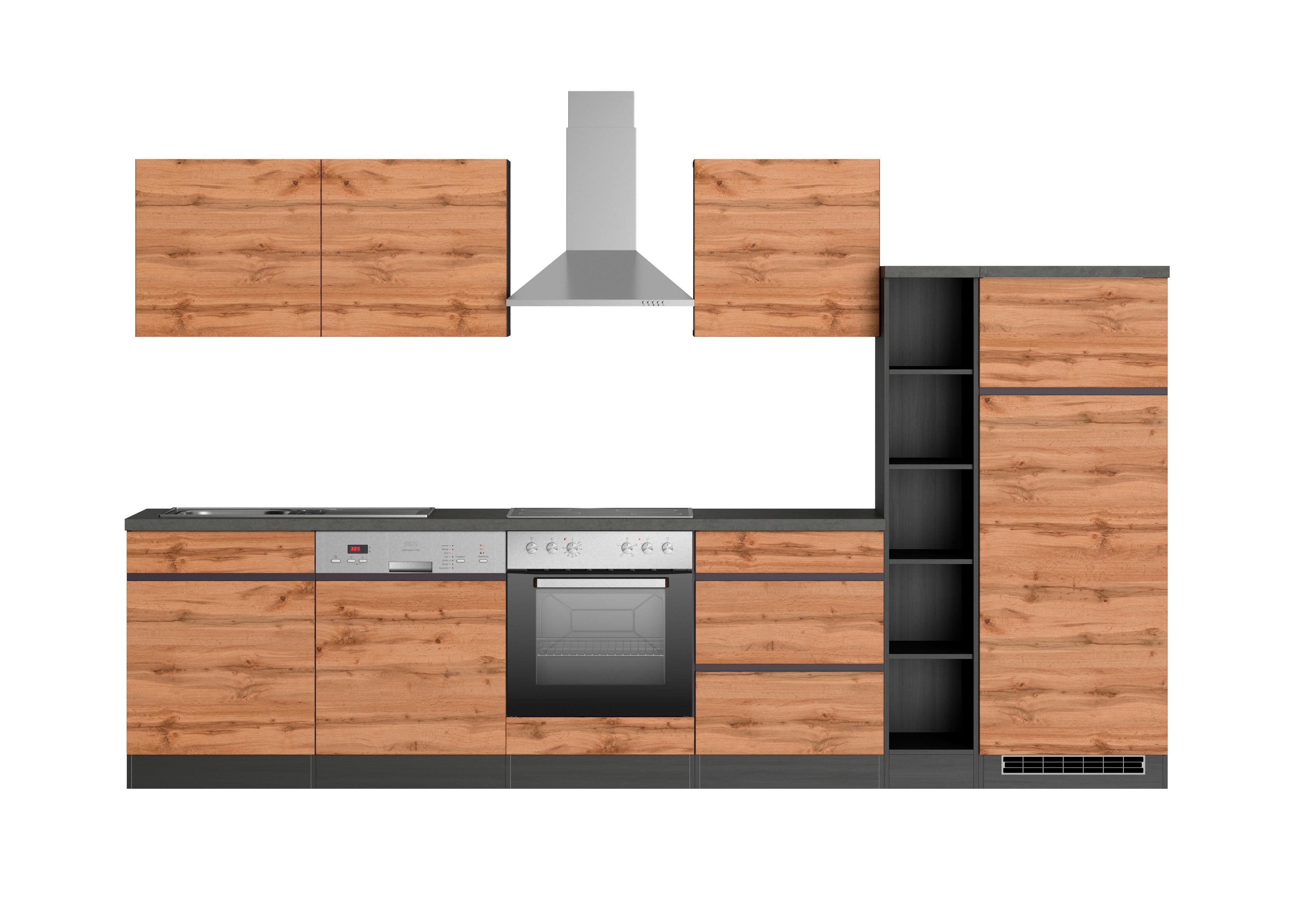 Küchenzeile Turin mit Geräte B: 330 cm Graphit/Eiche Dekor - Eiche Wotan/Graphitfarben, Design, Holzwerkstoff (330cm) - Held