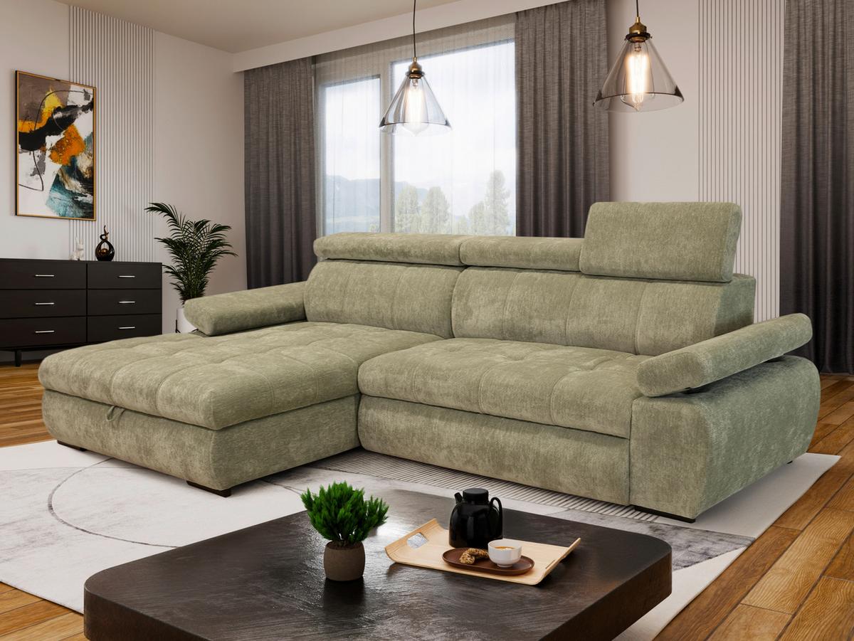 Rohová sedačka VEGAS, pravá, šalviovozelená ženilka - čierna, Design, drevo/textil (294/173cm)
