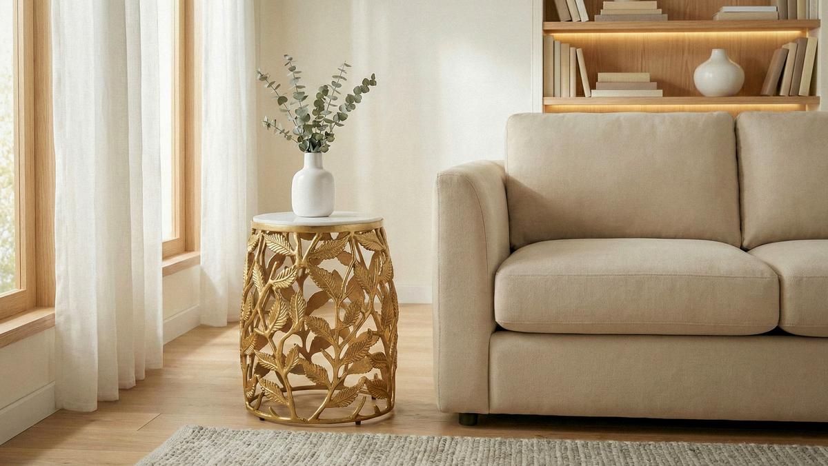 BEISTELLTISCH Weiß/Goldfarben L: 40cm - Goldfarben/Weiß, Design, Stein/Metall (40/40/46cm) - MID.YOU