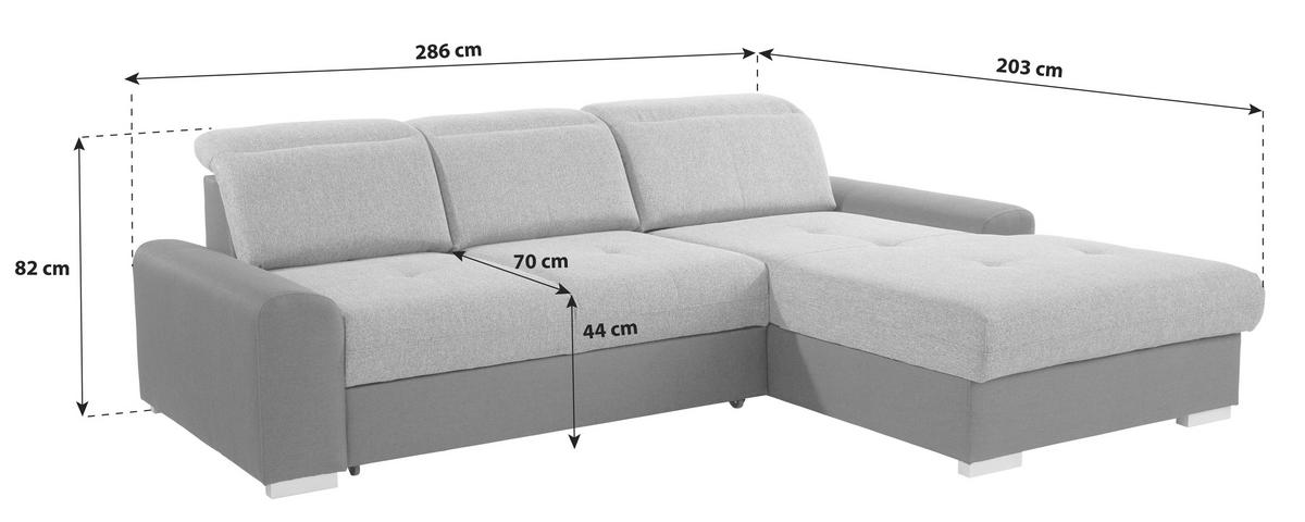 Ecksofa mit Bettfunktion Malaga new Chenille silber - Silberfarben/Schwarz, KONVENTIONELL, Textil (286/203cm) - Ondega