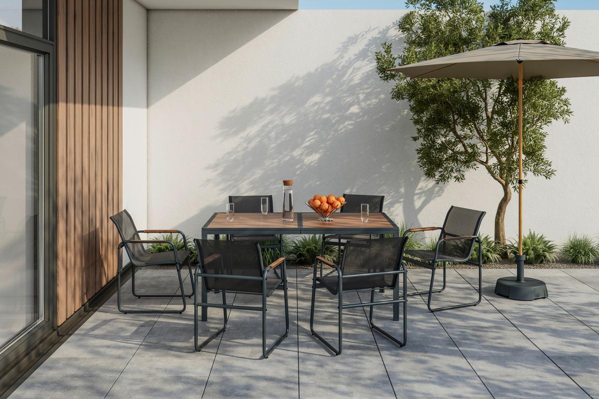 Gartenmöbel Set 7-Tlg. Genua aus Metall/Kunststoff/Textil - Dunkelgrau/Naturfarben, MODERN, Kunststoff/Textil (53/160/82/75/59,5/90cm) - Beldano