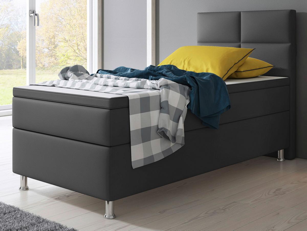 Boxspringbett Mit Topper Lederlook 90x210 Miami - Anthrazit/Silberfarben, KONVENTIONELL, Leder/Textil (90/115/210cm) - MID.YOU